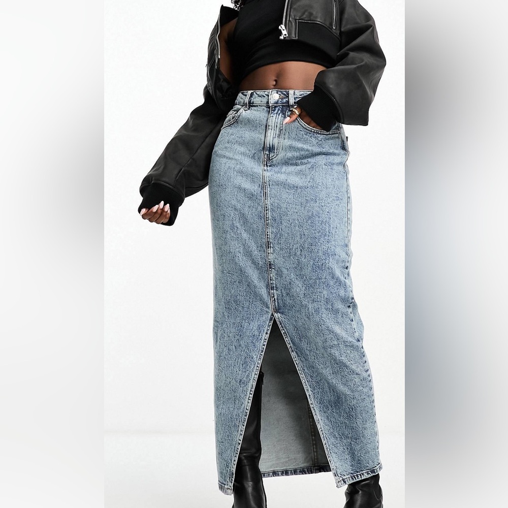 Asos Design Hourglass denim midi skirt with split hem in midwash